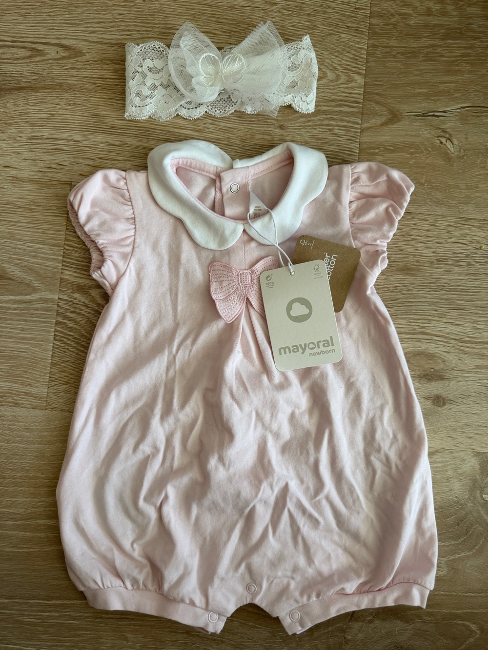 Mayoral Light Pink Baby Romper with Matching Butterfly Headband